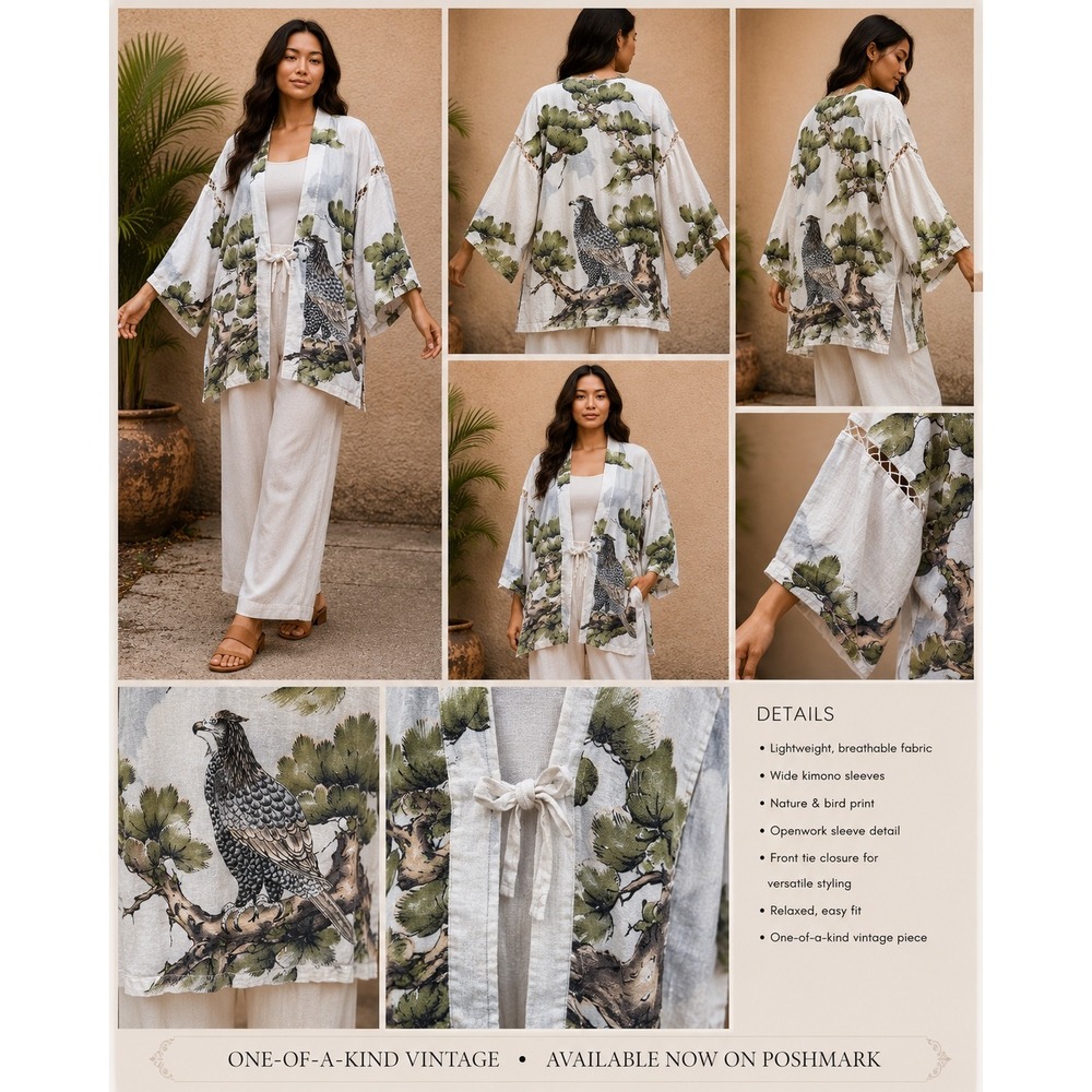 Vintage Kimono Cardigan White Green Nature Bird Eagle Print Sleeve Tie Front